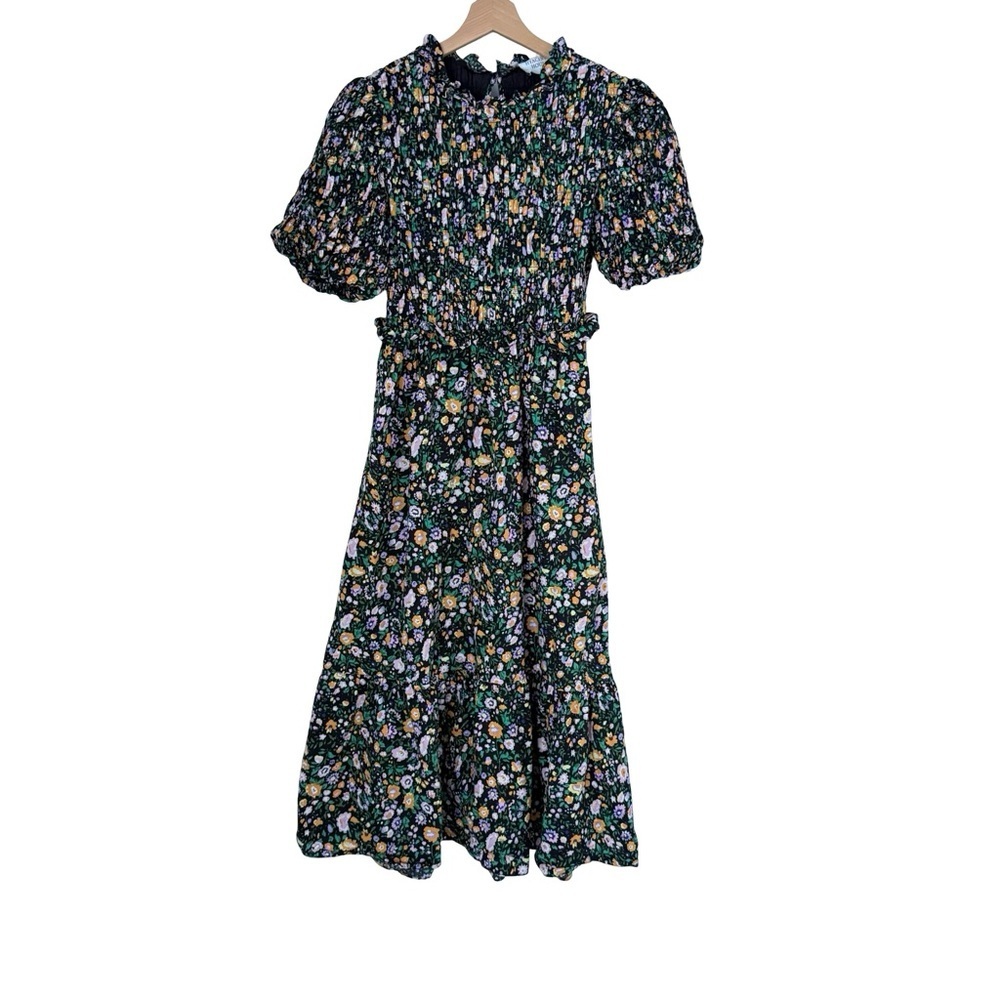 Hyacinth House Black Multi Floral Smocked Samantha Midi Dress Sz XS - Picture 4 of 11